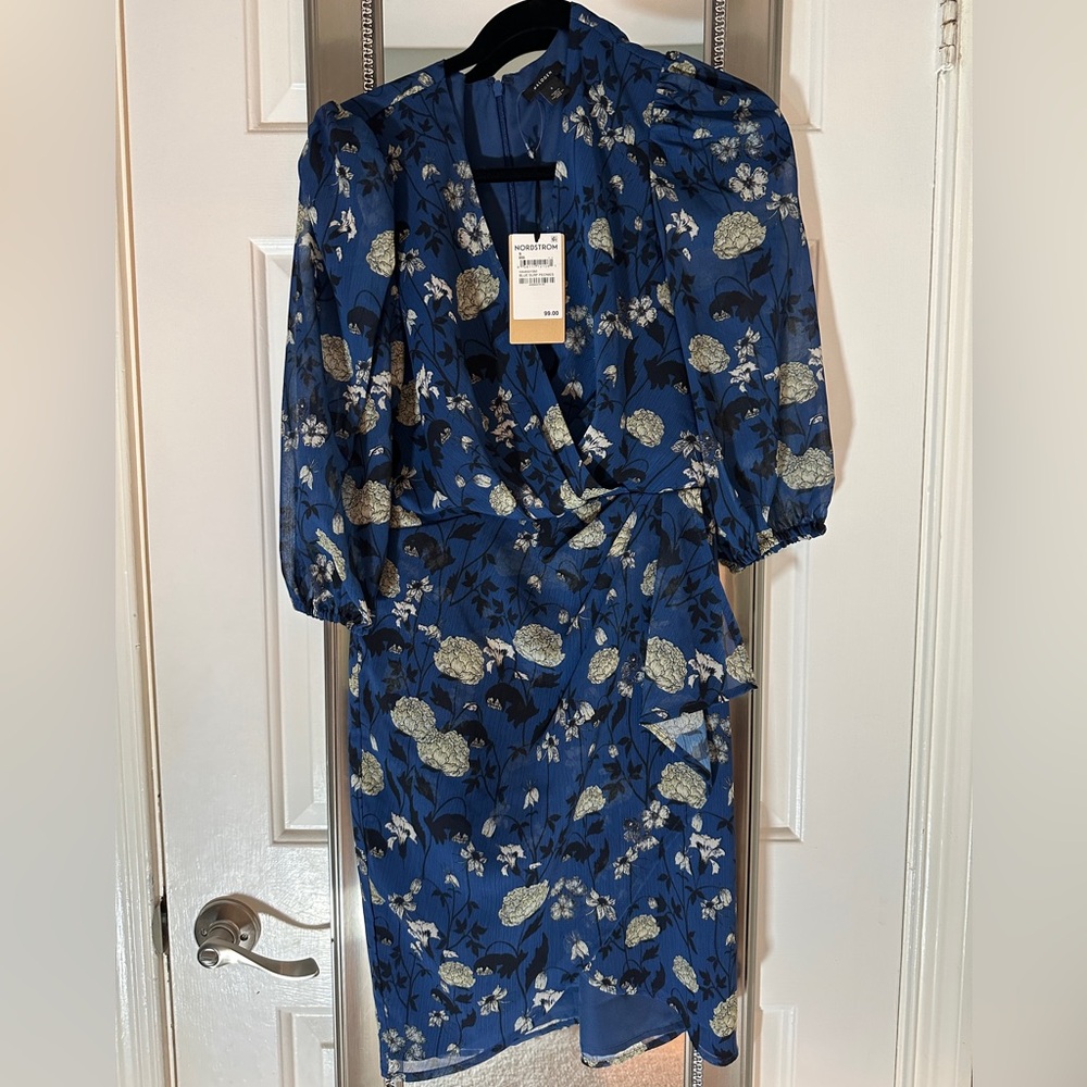 NWT Halogen blue, black, and white hydrangea dress, long sheer sleeves